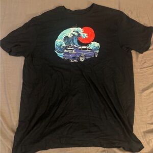 Black Graphic T-Shirt with Wave and Car Design